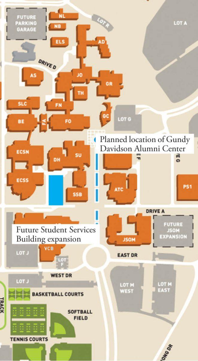 UT Dallas/Courtesy
The SSB will expand into Lot K, while an alumni center will be built behind the ATEC building, where the tennis courts are currently located.