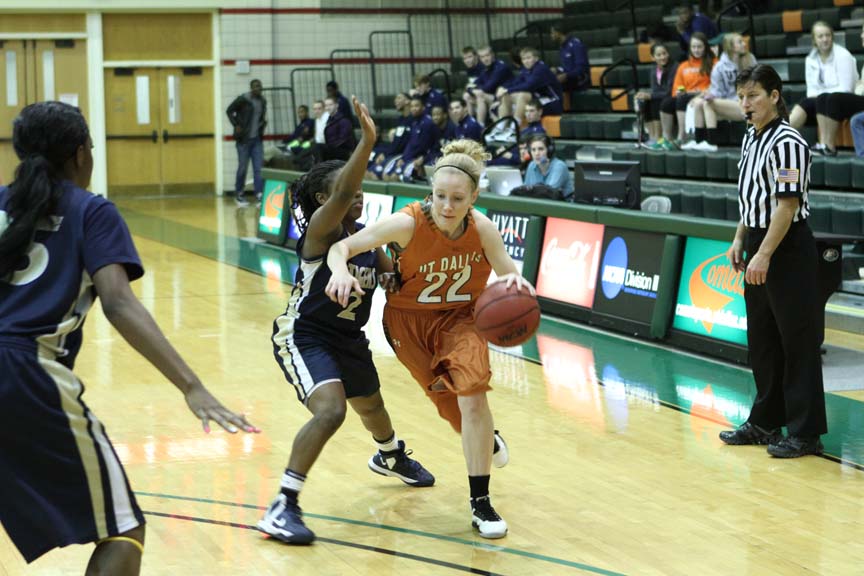 Yang Xi | Mercury Staff

Sophomore guard Christina Brosnahan dribbles past an ETBU defender during UTD’s 67-57 win on Jan. 10 at home. She finished the game with a career-high 22 points, four rebounds, two assists and one steal. Named to the ASC East All-Freshman Team in her debut season, the interdisciplinary studies major hopes to have more performances like this.