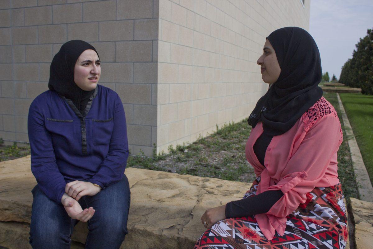 Connie Cheng|Photo Editor
Rawan Muhanna (left) sits with Tamam Bushnaq, president of Students for Justice in Palestine, and recounts her time in the Gaza Strip when the conflict between Israel and Palestine began to escalate.