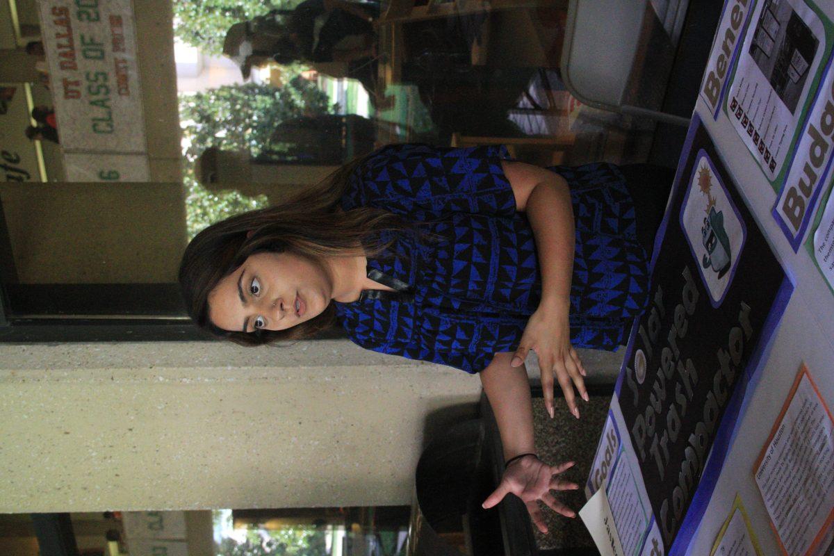 Jennifer Chi|Staff Photographer
Jasleen Sidhu, business administration junior, gives a passionate pitch about her idea to install solar-powered trash compactors on campus.