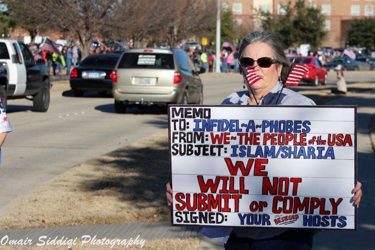 Omar Siddiqui| Courtesy
A protestor stands outside the Curtis Culwell Center in Garland where “Stand with the Prophet Against Terror and Hate,”
a conference held by Sound Vision, a Chicago-based Islamic group, was held. Several threats were made against the conference.