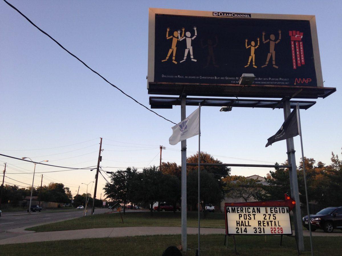 Make Art with Purpose|Courtesy
CentralTrak resident artist Chris Blay and local artist Gerardo Robles created a billboard to promote Dialogues on Race for Make Art With Purpose. The angular figures are meant to represent racial unity. 