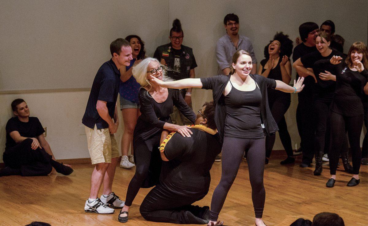 Ranjit Sreenivas| Staff
Senior lecturer Kathy Lingo performs with her Improv students during their comedy show on April 15 in the Jonsson Performance Hall.