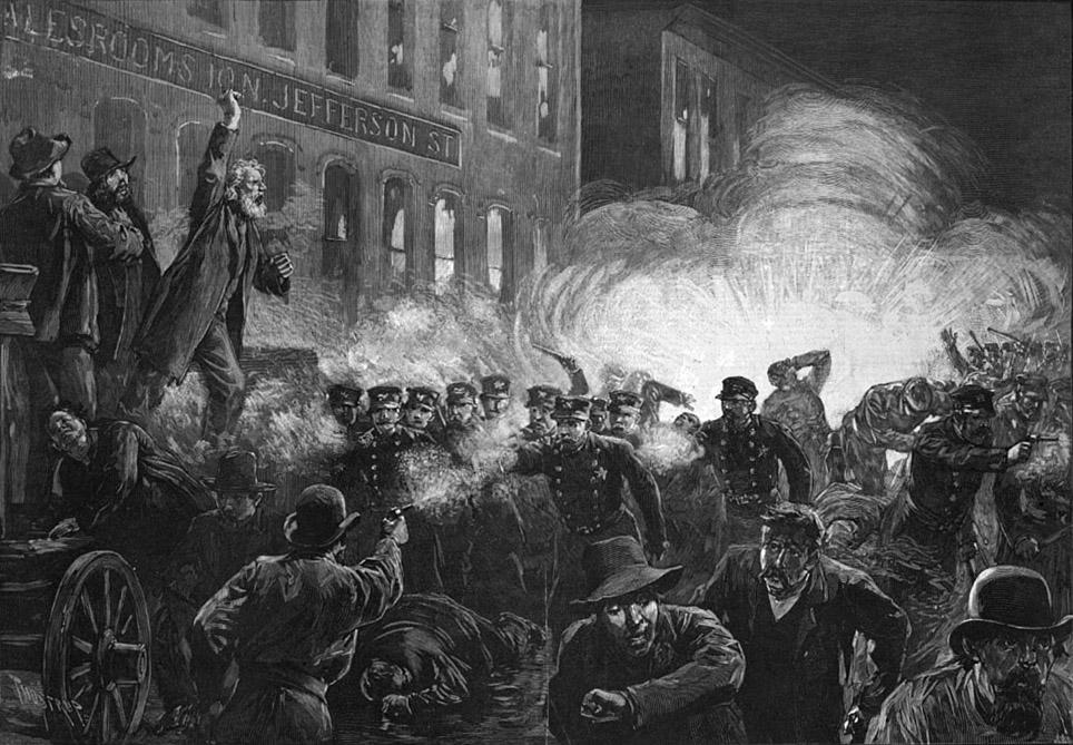 "HaymarketRiot-Harpers" by Harper's Weekly - http://www.chicagohs.org/hadc/visuals/59V0460v.jpg. Licensed under Public Domain via Commons - https://commons.wikimedia.org/wiki/File:HaymarketRiot-Harpers.jpg#/media/File:HaymarketRiot-Harpers.jpg