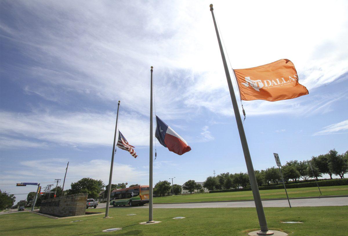 Flags on campus were lowered to half-staff on July 8 as faculty, staff and students mourned the police officers who lost their lives during the shooting in downtown Dallas on July 7. Photo by Andrew Gallegos | Photo Editor.