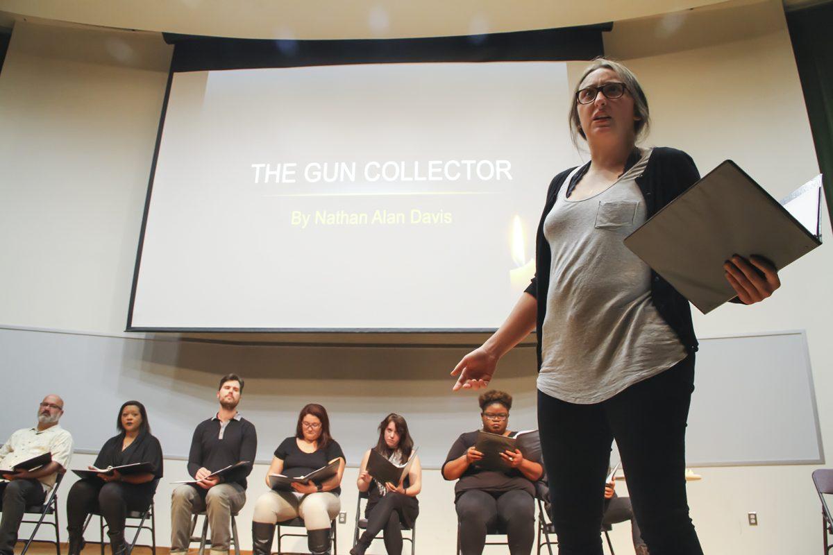 Kristen Kelso, a literary studies graduate student, performs in one of the plays as a grandmother trying to rid the world of guns to take on the issue of mass shootings. Photo by Saher Aqeel | Assistant Photo Editor.