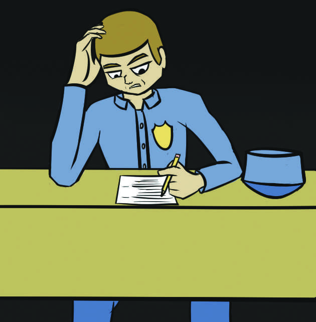 UTD Police Chief Larry Zacharias said the new UT System Police promotions exam contained information that had “no bearing” on campus police activity, and it should therefore be thrown out. Illustration by Emilio Chavez | Mercury Staff.
