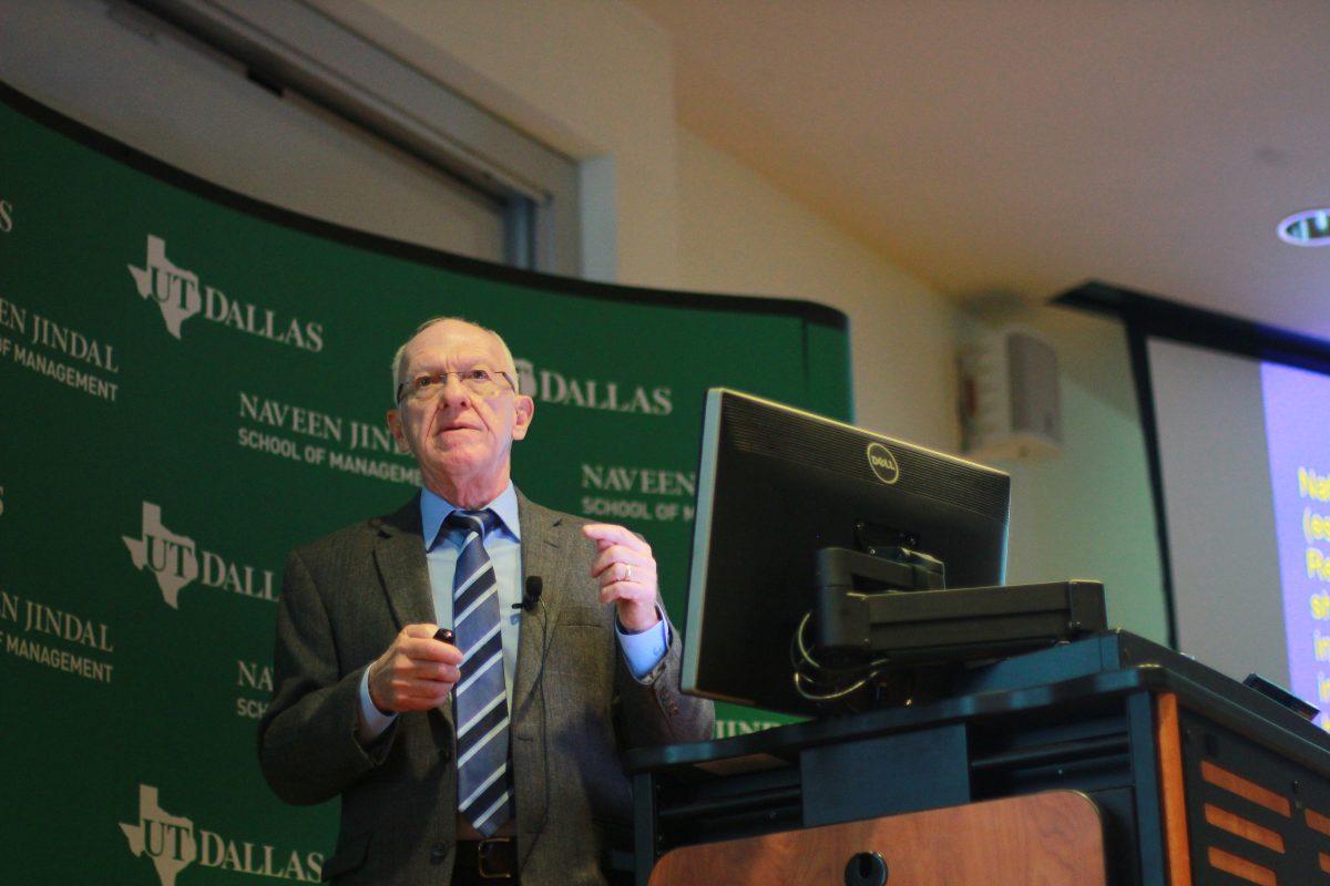 Wayne Cornelius, an expert on comparative immigration policy, came to the Davidson Auditorium on Feb. 2 to give a talk about immigration in Trump’s administration. Photo by Ankith Averineni | Mercury Staff.