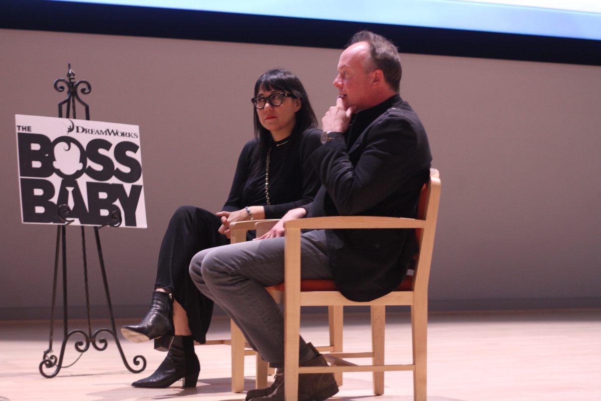 Film producer Ramsey Ann Naito (left) and director Tom McGrath speak to students about developing “The Boss Baby,” an animated comedy about a briefcase-toting baby on a mission to stop an evil CEO. The film is scheduled to be released on March 31. Photo by Robert Johnson | Mercury Staff.