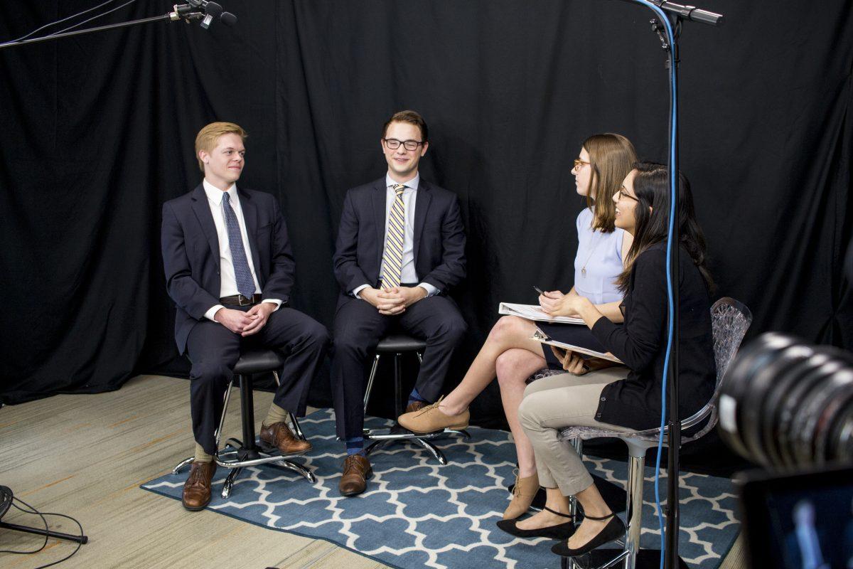 JW Van Der Schans (left), SG president-elect, and Alex Holcomb, SG vice president-elect, sat down with The Mercury on March 20 to discuss their plans for office. Photo by Chris Lin | Mercury Staff.