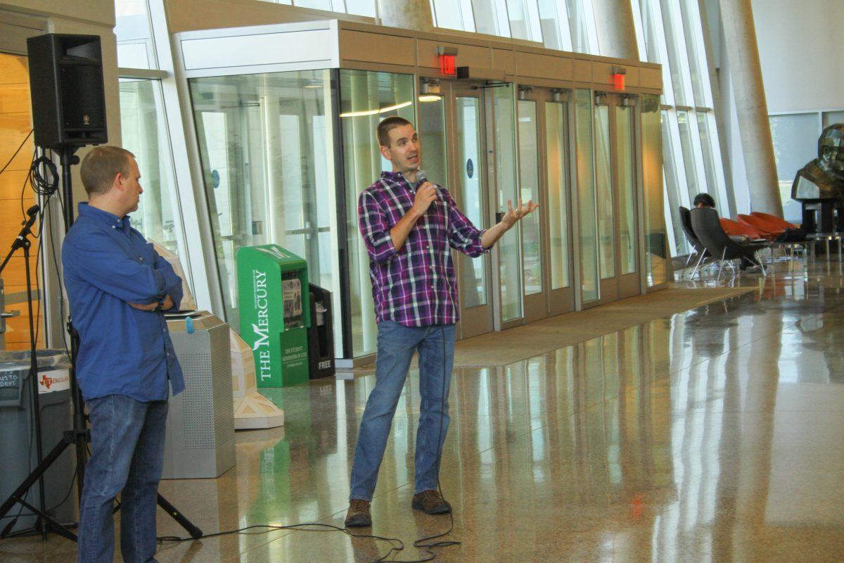 Eric Farrar (left), the associate dean of undergraduate studies, and Todd Fechter, the senior associate dean of ATEC, spoke at a public forum on April 5 to detail the changes students can expect in the degree programs offered. Photo by Noah Whitehead | Mercury Staff.