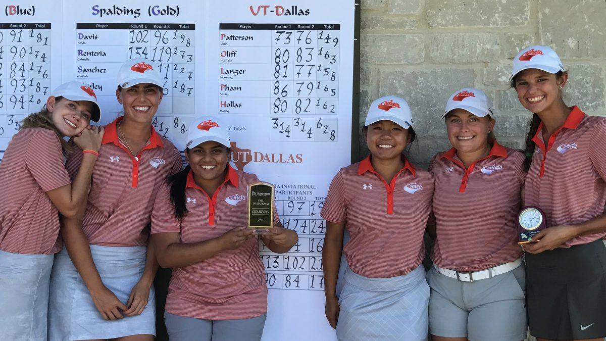 The women’s golf team took home first place at the Transylvania Intercollegiate in Nicholasville, Kentucky during the weekend of Sept 23-24. Six girls traveled to compete in the competition (from left to right): Michelle Oliff, Hailey Hollas, Shreena Bhakta, Vivian Pham, Marissa Langer and Lindy Patterson. In addition to the team’s win, Patterson placed second overall individually. Photo courtesy of UTD Athletic Department.