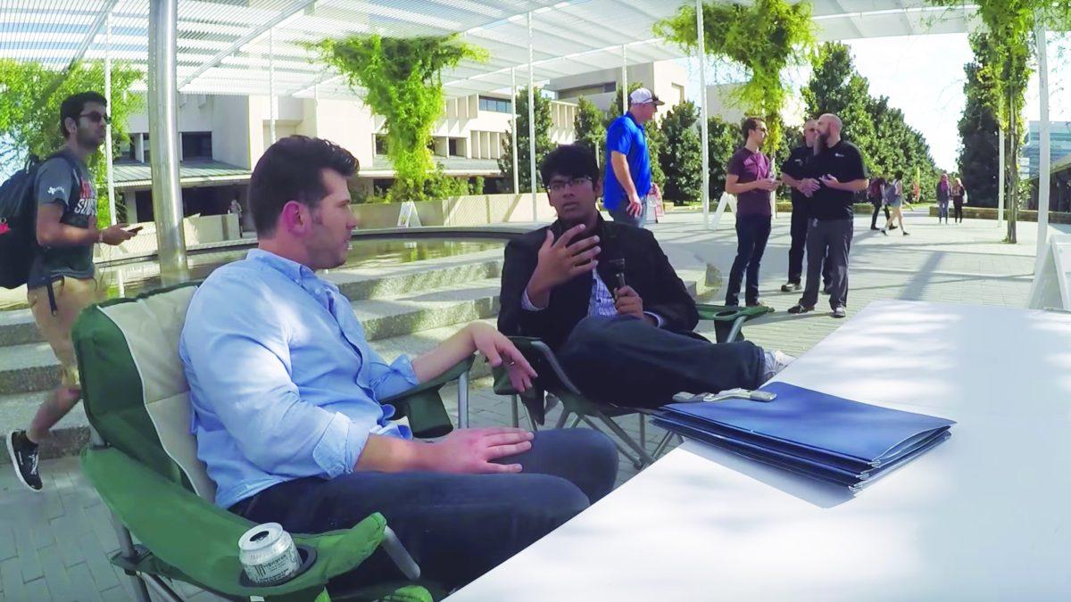 Steven Crowder (left) speaks with Sami Shaik a computer engineering freshman, about the second amendment on Oct. 20. This was part of Crowder's YouTube series “Real Conversations” in which he talks with people about political issues. Photo courtesy of Steven Crowder.