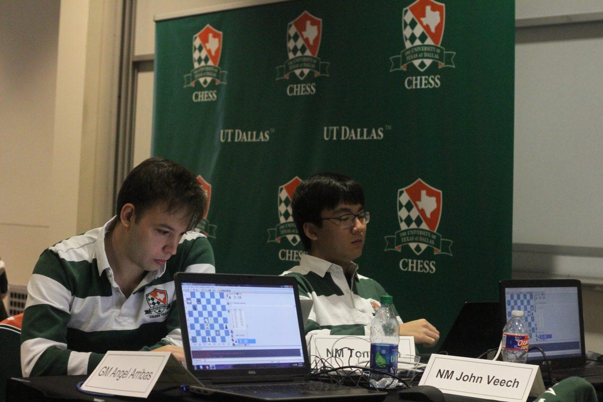 Members of the UTD chess team use their laptops to prepare to compete in an annual tournament with players from the University of Belgrade for the Svetozar Gligoric Transatlantic Cup on Nov. 10. Photo by Sri Chandra Kiran Gottipati | Mercury Staff.