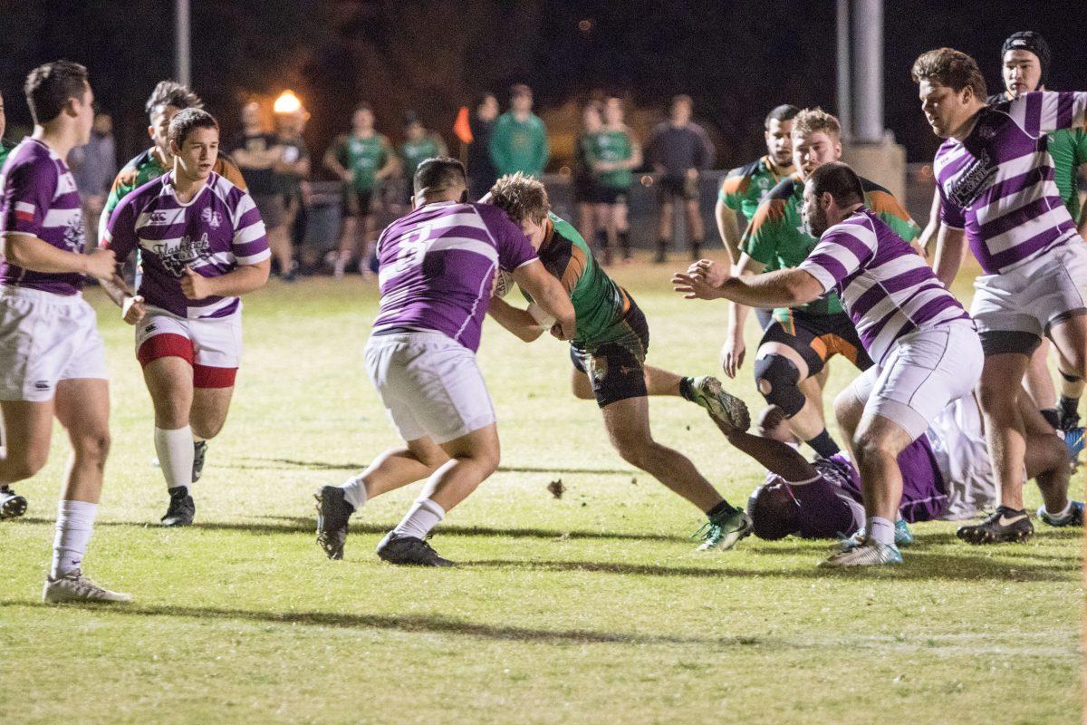 Senior flanker Steven Larsen attempts to charge through Stephen F. Austin defenders. UTD rugby beat SFA 96-0 on Dec. 2, moving to a 6-0 record on the season. The team also had a 101-0 shutout at SMU on Nov. 4. Photo by William Legrone | Mercury Staff.