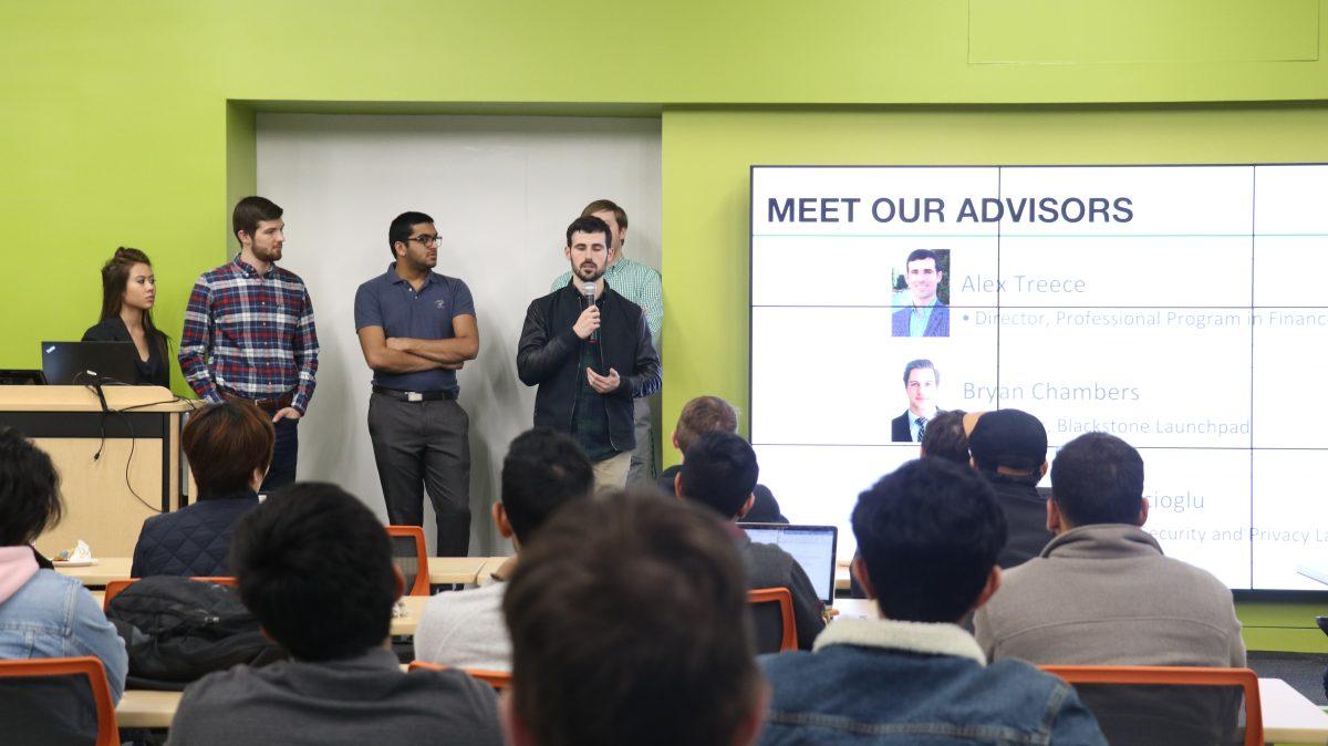 Blockchain and Cryptographic Systems had their first official kickoff meeting on Jan. 19 at the Blackstone Launchpad. Advisor Alex Treece introduces himself and the goals of the organization. Photo by Xiang Li | Mercury Staff.