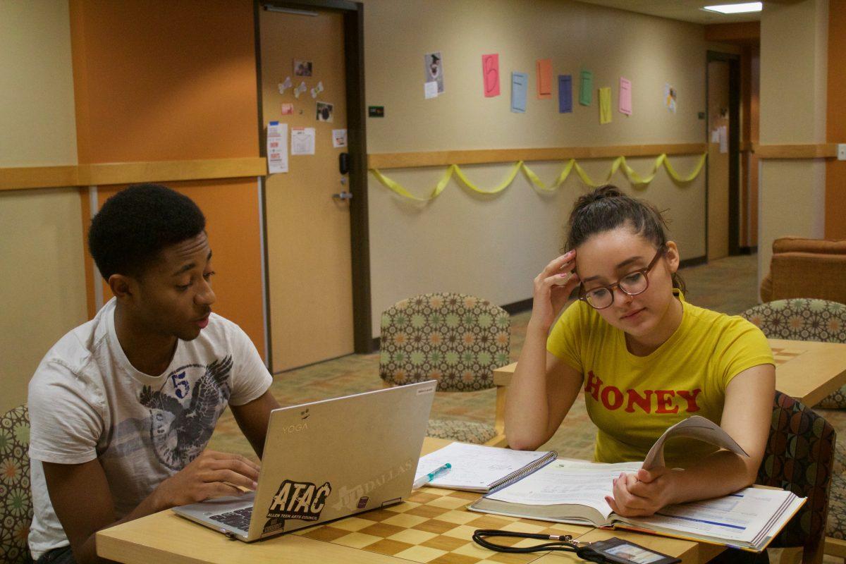 Infrmation technology freshman Trenton Moore (left) and zfinance freshman Abby Flores study in the Elbow lounge of Residence Hall South for midterms. The new First Generation LLC is meant to aid students in achieving success on the same level as their peers. Photo by Ambarina Hasta | Mercury Staff.