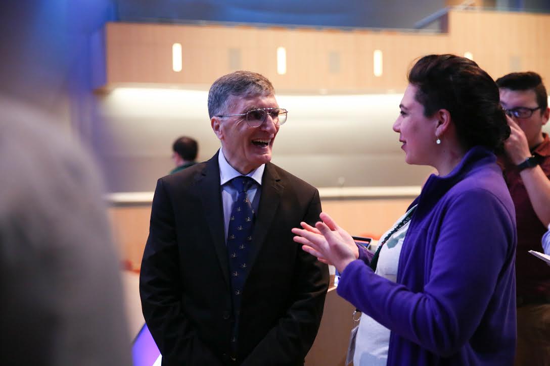 Nobel Laureate and UTD alumnus Aziz Sancar talks with a lecture attendee after the event. This is Sancar’s first lecture at the university since winning the prize. Photo by Saher Aqeel | Mercury Staff.