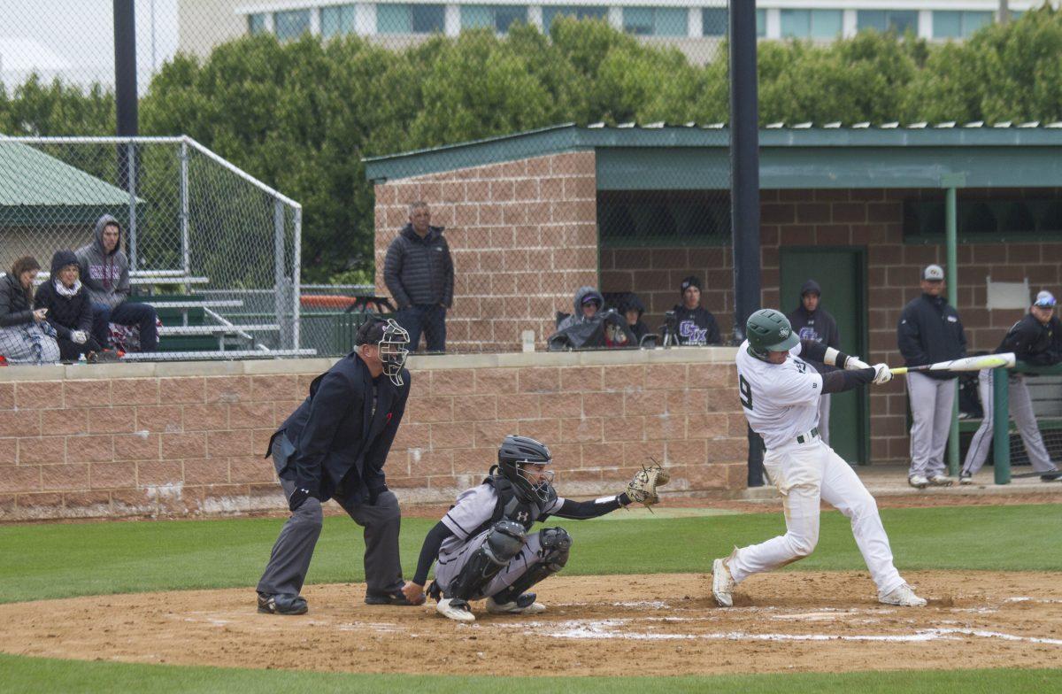 Sophomore outfielder Luke Richter pops the ball up in the fourth inning of Saturday’s game against Concordia Texas. Earlier in the game, Richter drove in the team’s fifth run of game to help the Comet’s to a 15-2 victory. Photo by Achint Khanijo | Mercury Staff.