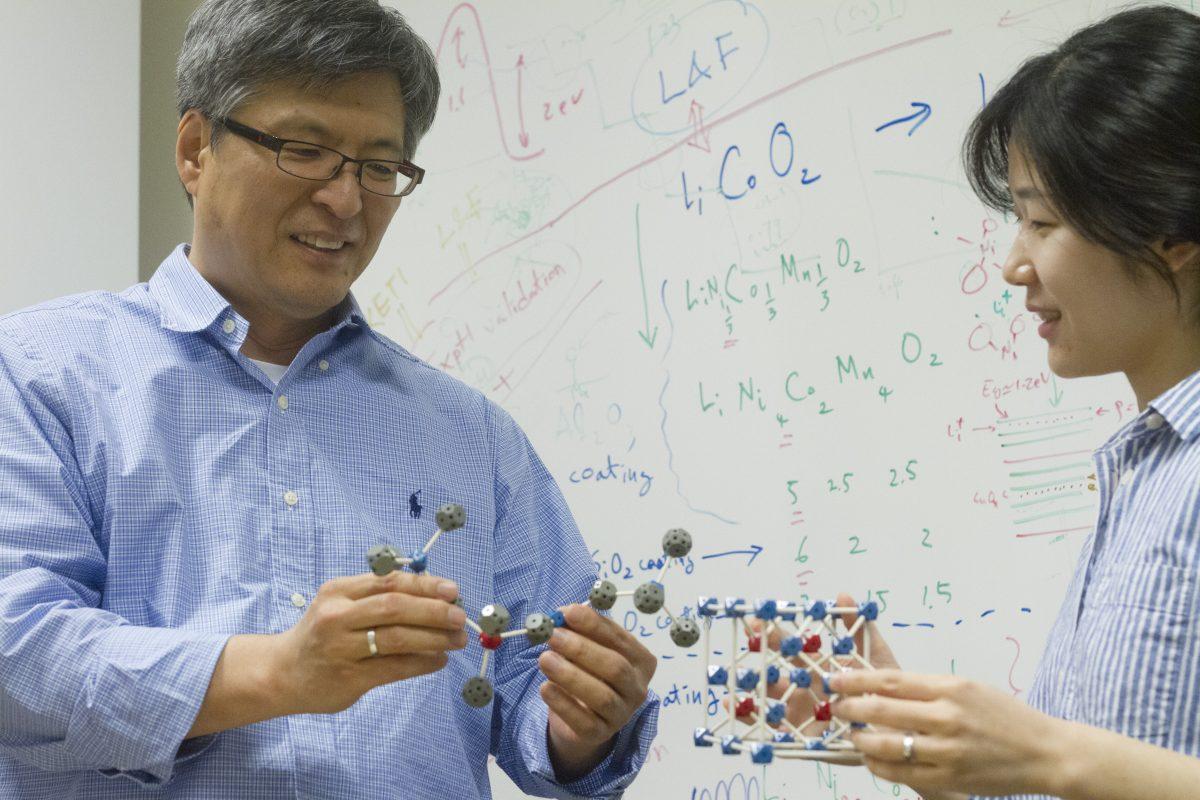 Material science and engineering professor Kyeongjae Cho (left) and research associate Jeongwoon Hwang developed a less expensive and more efficient battery. Photo by Noah Whitehead | Photo Editor.