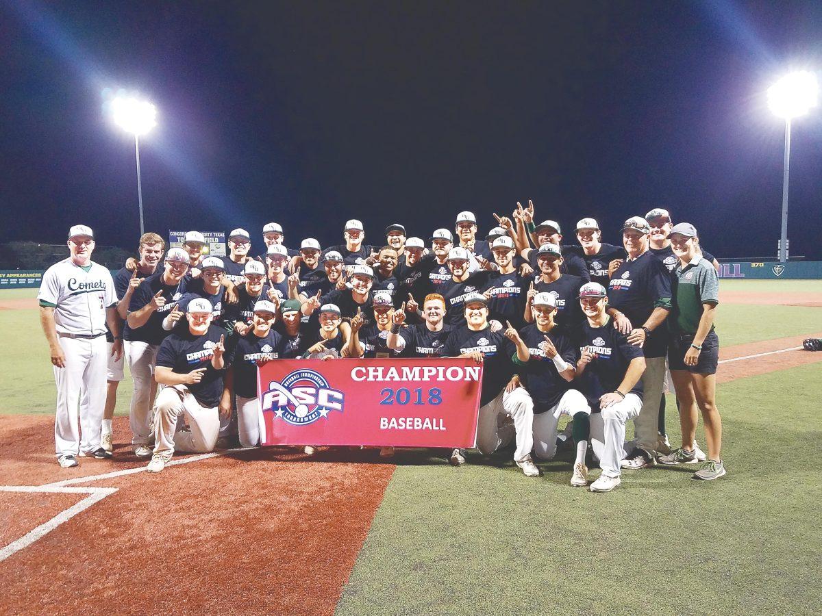 The baseball team poses after becoming the 2018 ASC champions for the first time in UTD history. The team’s performance led to a final record of 32-17 for the season. Photo courtesy of UTD Baseball.
