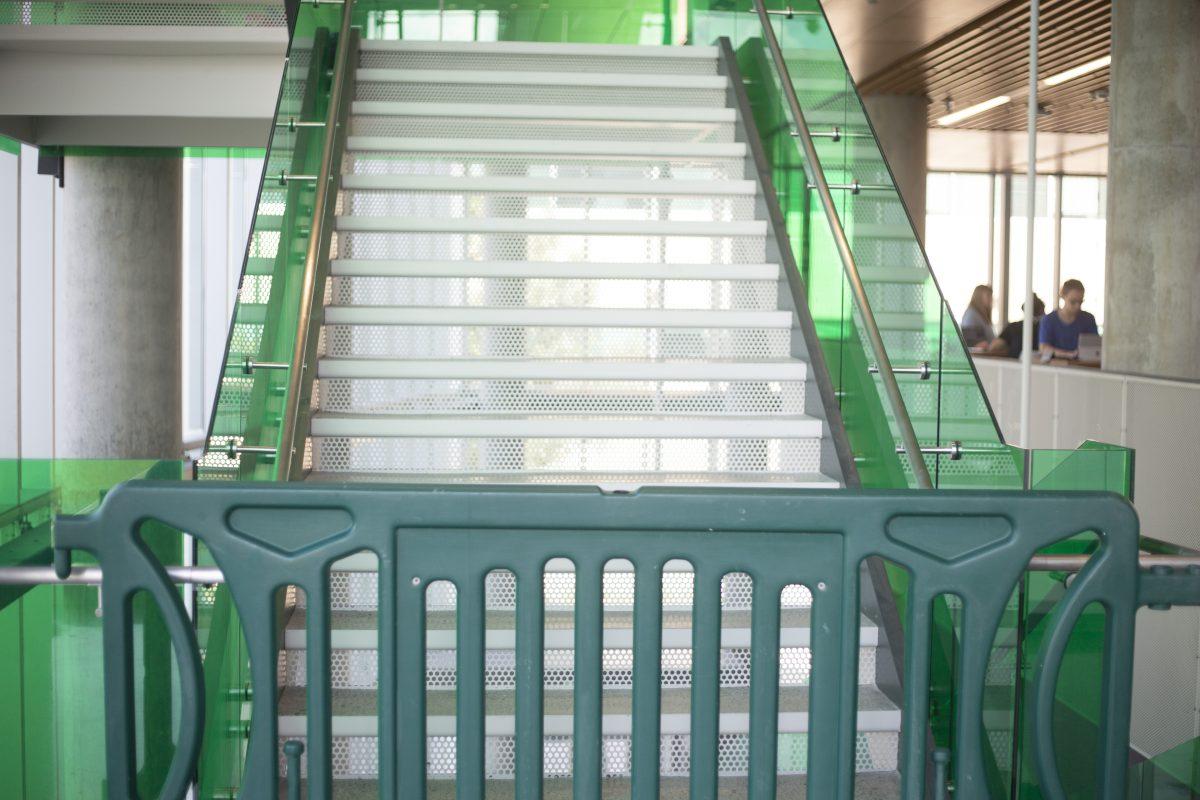 Stairs from the second to the third floor of the recently-opened ECSW building are blocked off until further notice. Photo by Noah Whitehead | Photo Editor.