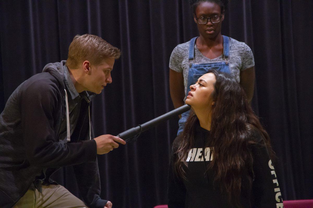 Jake Mathis (left) and McKinley Haney (middle) play the roles of Anthony and Casca, respectively in Theatre UTD’s rendition of William Shakespeare’s “Julius Caesar.” Photo by Soujanya Bhat | Mercury Staff.