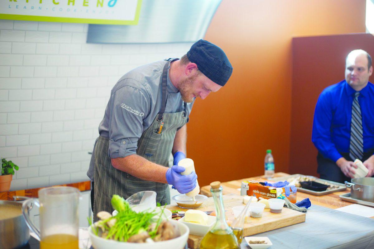 Chartwells chef Michael Tyler made wild mushroom bisque at the November session of Teaching Kitchen, a monthly food series hosted by Dining Services. Photo by Noah Whitehead | Photo Editor.