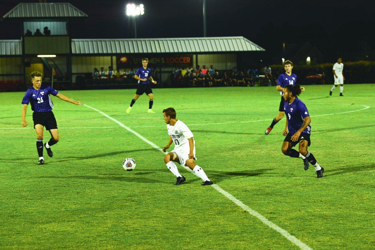 Junior midfielder and forward Jesse Ardila plays against McMurry in an Oct. 10 match. Photo by Aasav Sureja | Mercury Staff