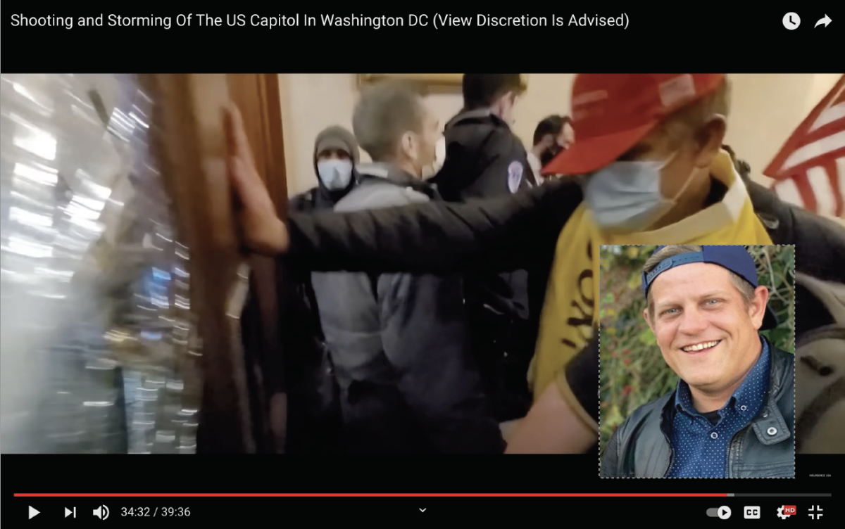 Grider, a yellow ‘Don’t Tread on Me’ flag draped around his neck, was caught on video pushing then kicking a barricaded door leading to the Speaker’s Lobby. (Headshot courtesy of Brent Mayr. Video screenshot courtesy of John Sullivan (YouTube channel: ‘Jayden X’)).  