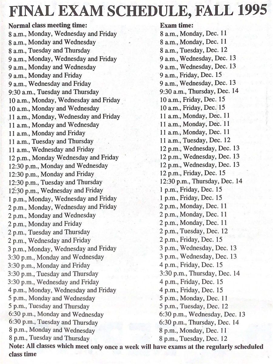 A past schedule of UTD finals, published in the Dec. 04,
1995 issue of The Mercury.