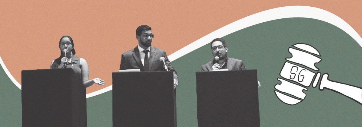 From left to right: Srivani Edupuganti, Anish Padala and Mark Farid speak at the annual SG candidates debate hosted on March 29 by The Mercury. Debate Photos By Viet Khue Vu, Headshots By Vedant Sapra.