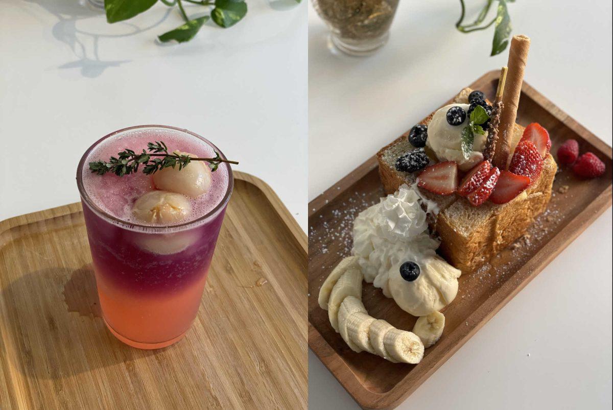 Butterfly Pink Drink (left) and fresh fruit, bake toast and homemade ice cream (right). Photo courtesy of A Day Cafe.